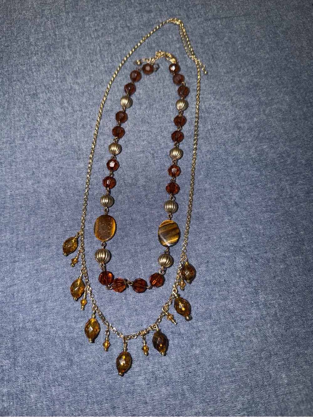 Gold-Tone Brown Beaded Necklace and Gokdtone Chain with Beads